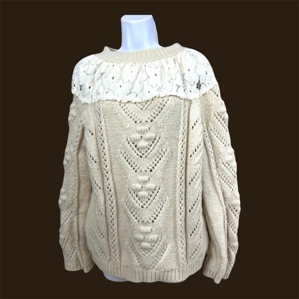 Bucket List Cable Knit Chunky Sweater Sz M Cream Lace Neck Pullover‎ Boho Cozy